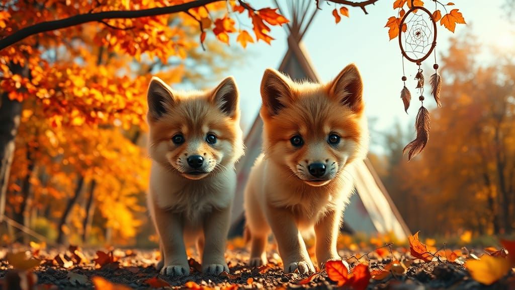 Whimsical Autumn Forest Scene with a Curious Golden Wolf Pup