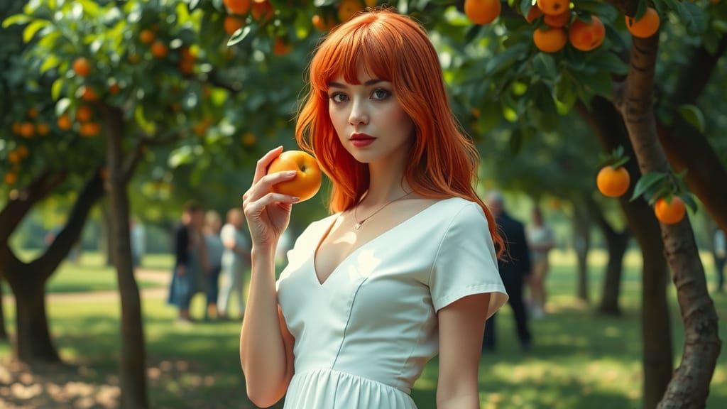 Hyperrealistic Blonde Woman in Park with Apple