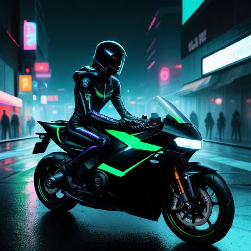 Fatima Rides a Neon Motorcycle in Rainy City