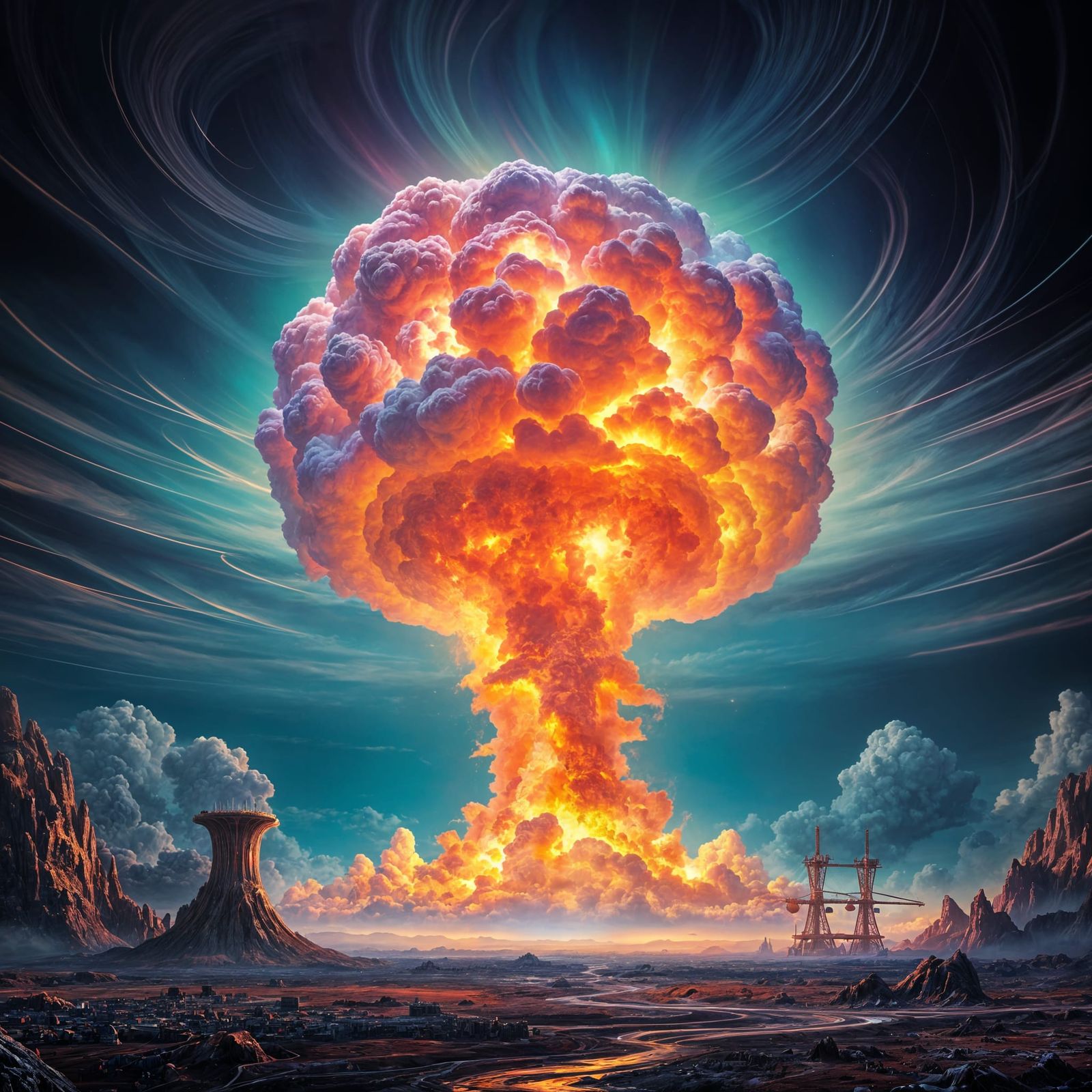 Vibrant Nuclear Explosion in Deep Fantasy Landscape