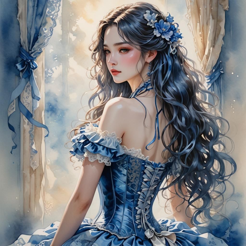 Anime Woman in Blue Corset, 3D Render