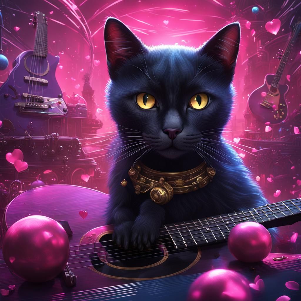 Black Cat Plays Guitar in Detailed Digital Painting