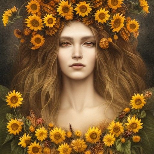 Goddess of the Harvest with Sunflowers, Matte Painting