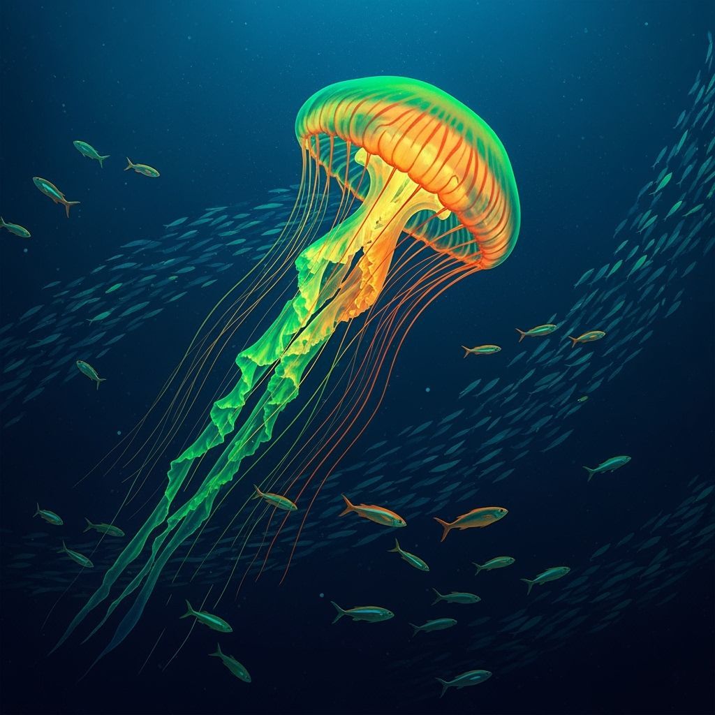 Bioluminescent Jellyfish in Deep Ocean, Surreal Cinematic St...