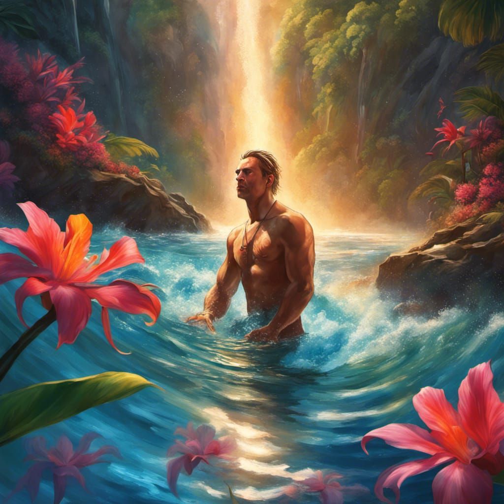Hawaiian Waterfall Scene in Vibrant Splash Art