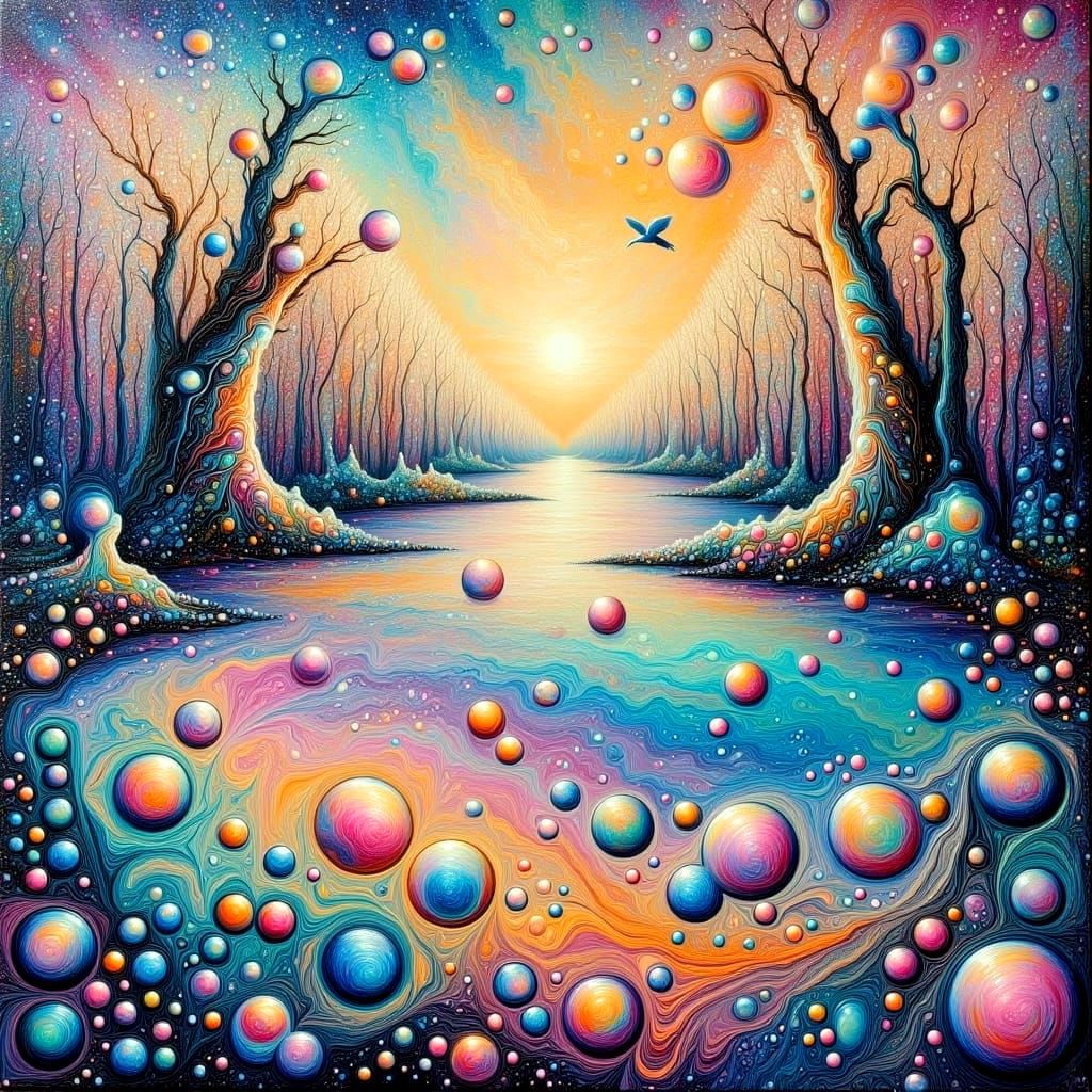 Iridescent Bubbles Dance in a Whimsical Art Nouveau Scene