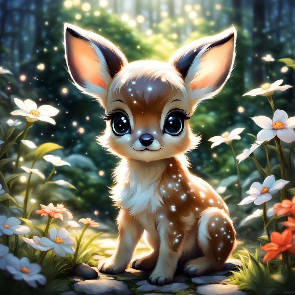 Cute adorable baby chibi BAMBI with big huge galaxy eyes in a garden | Soft Lighting | Sharp Focus | by Marc Simonetti |...