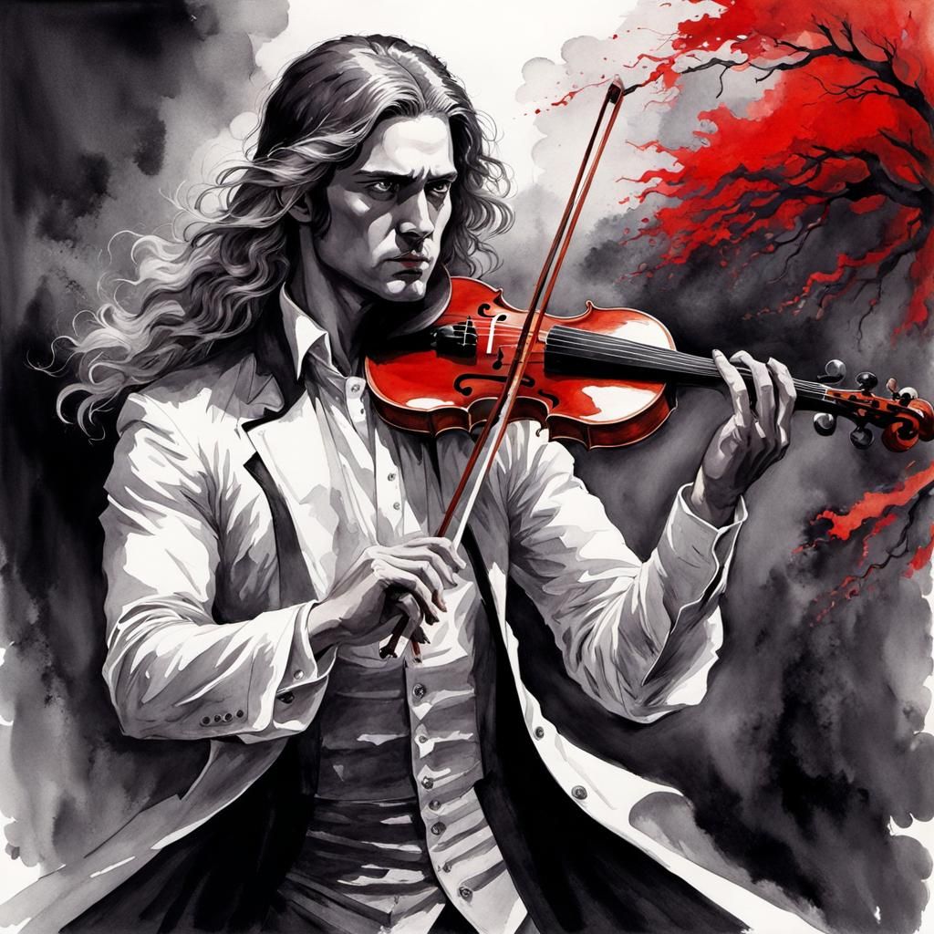 Monochrome Violinist Art Inspired by Japanese Mythology