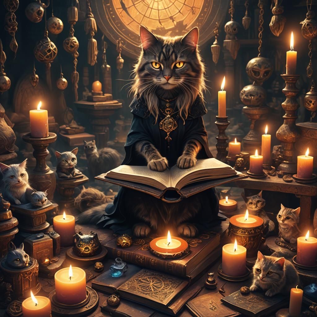 Mystical Witch Cat Sitting on a Glowing Tome