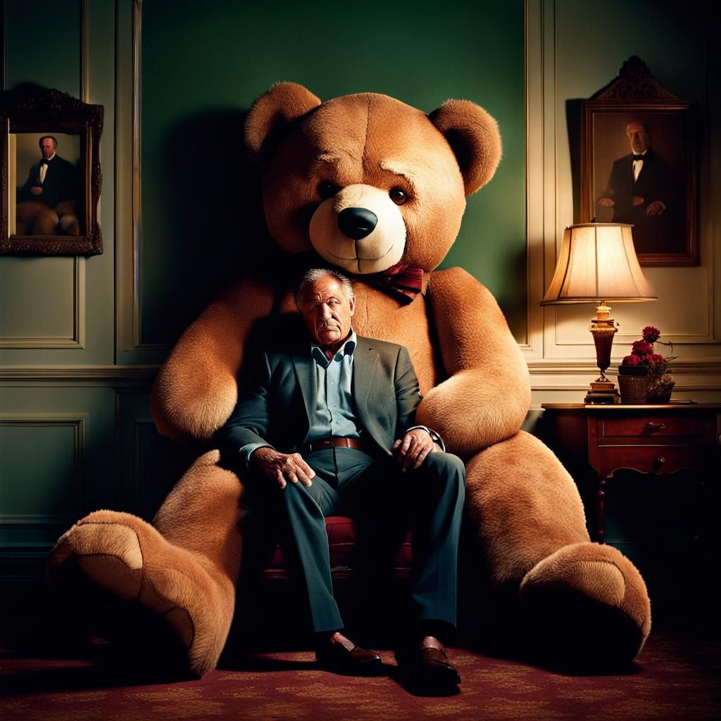 Man Comforted by Teddy Bear: Pixar-Style Family Drama