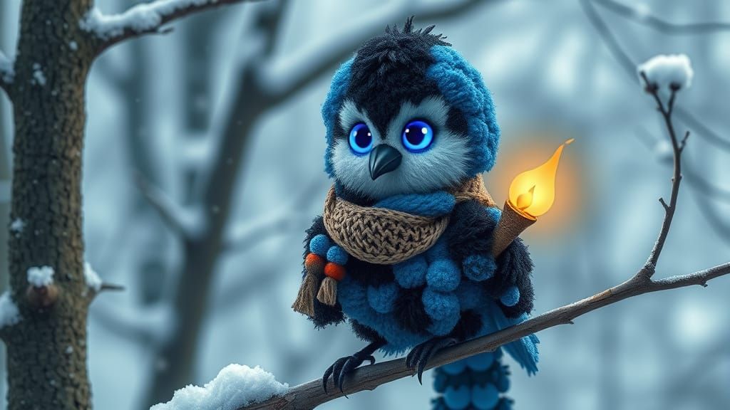 Pom Pom Blue Jay in Blizzard, Digital Folk Art