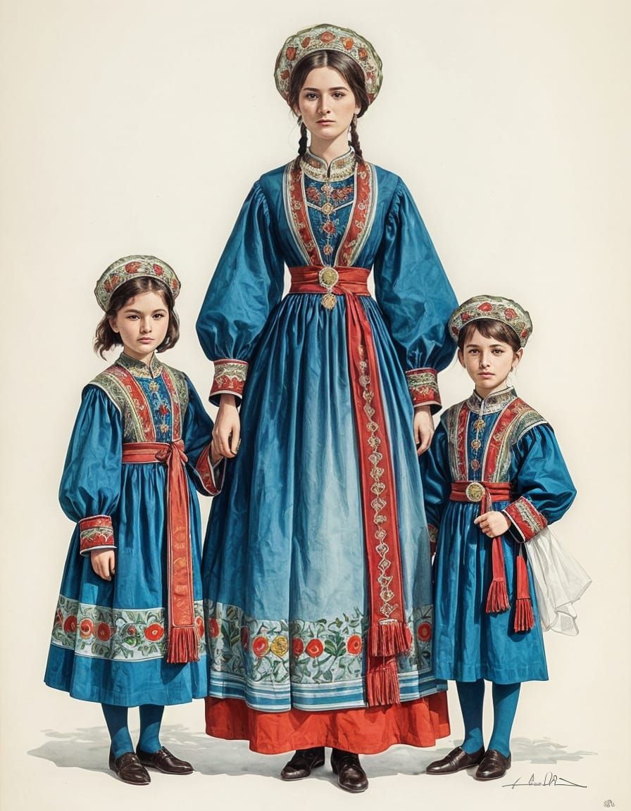 Woman in Elegant Traditional Bulgarian Costume with Children