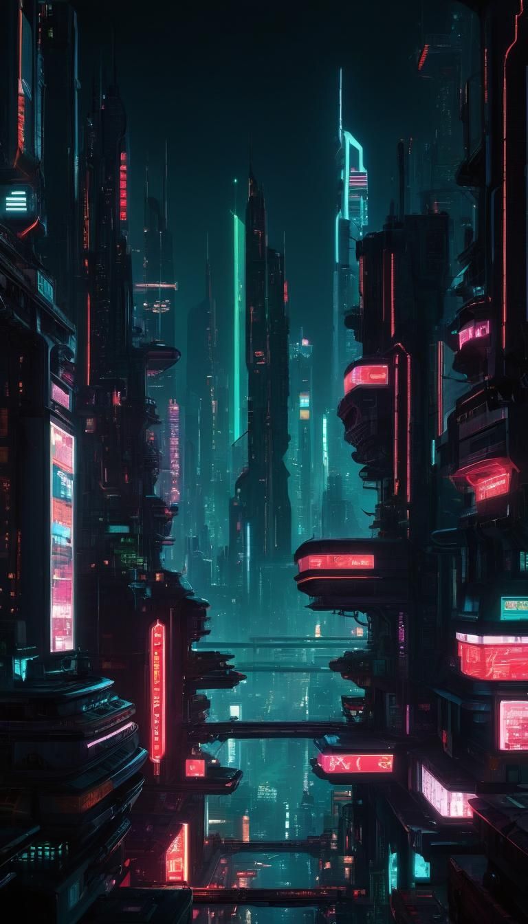 Cyberpunk Cityscape at Night, Futuristic Metropolis in Dark...