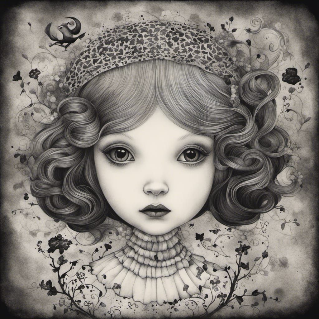 Doll in Black and White Ink Drawing