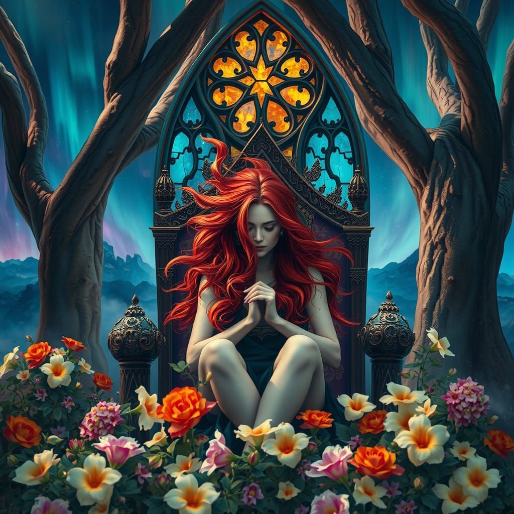 Sorrowful Woman on Throne in Twilight Garden