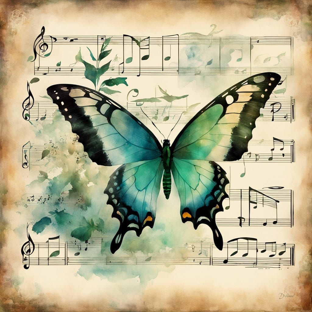 Emerald Butterfly on Faded Musical Sheet