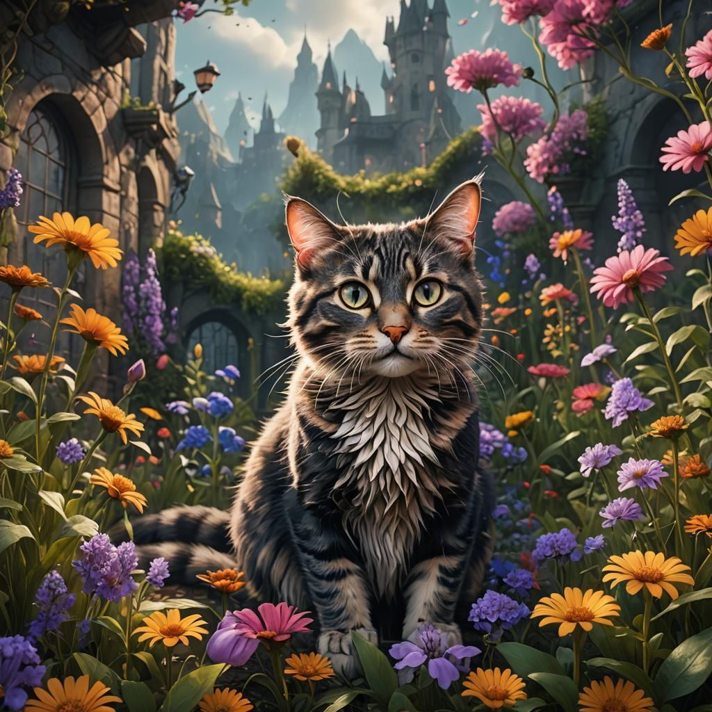 Cat in Wildflowers: Detailed Matte Painting