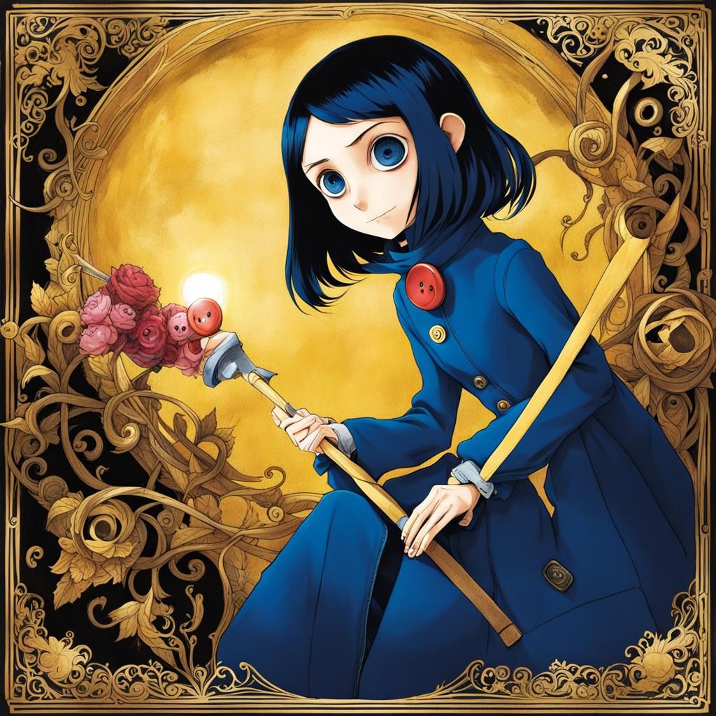 Coraline with Button Eyes in Anime Style