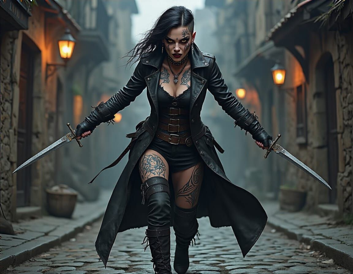 Gothic Rogue in Shadowy D&D Street Scene