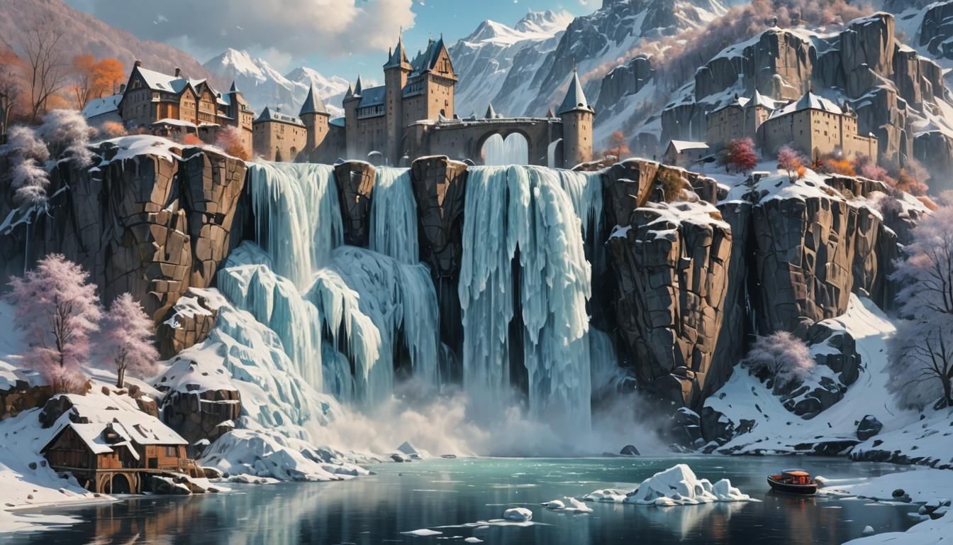 Hyperrealistic Icy Waterfall and Lakeside Castle