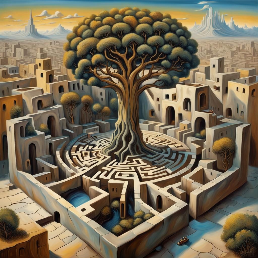 Surreal 3D Labyrinth with Life Tree, Dali Style