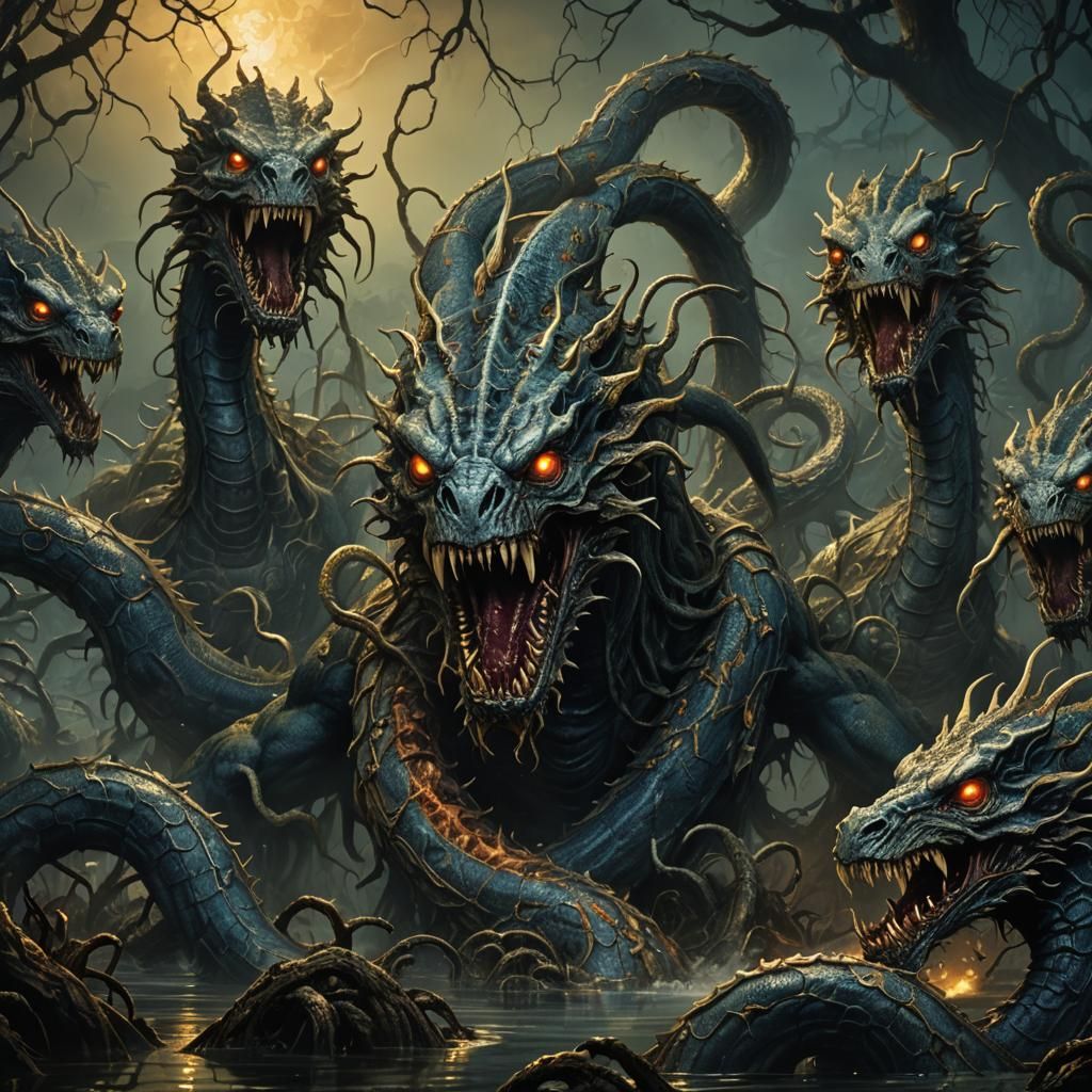 Six-Headed Zombie Hydra in Dark Fantasy Art