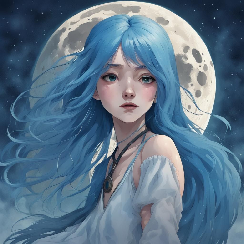 Girl with Blue Hair Floating Near the Moon
