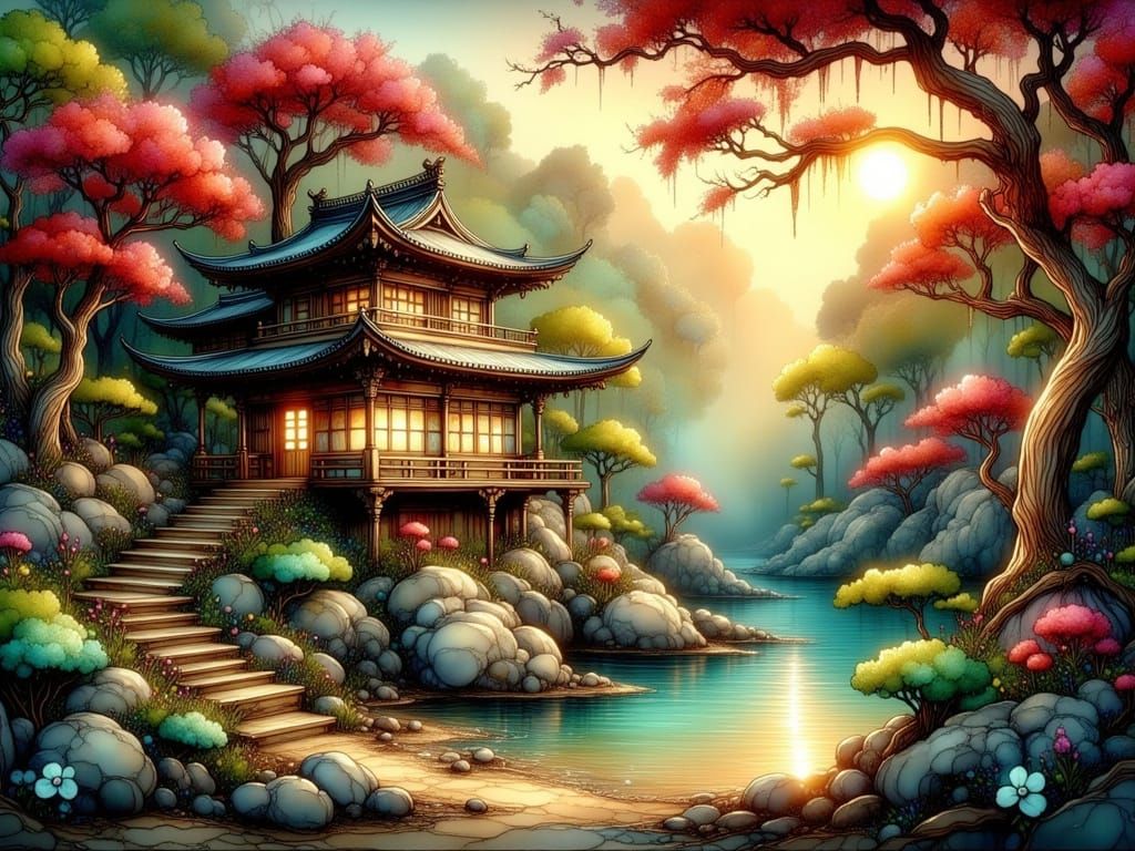 Japanese Pagoda by Sparkling Pond in Fantasy Style
