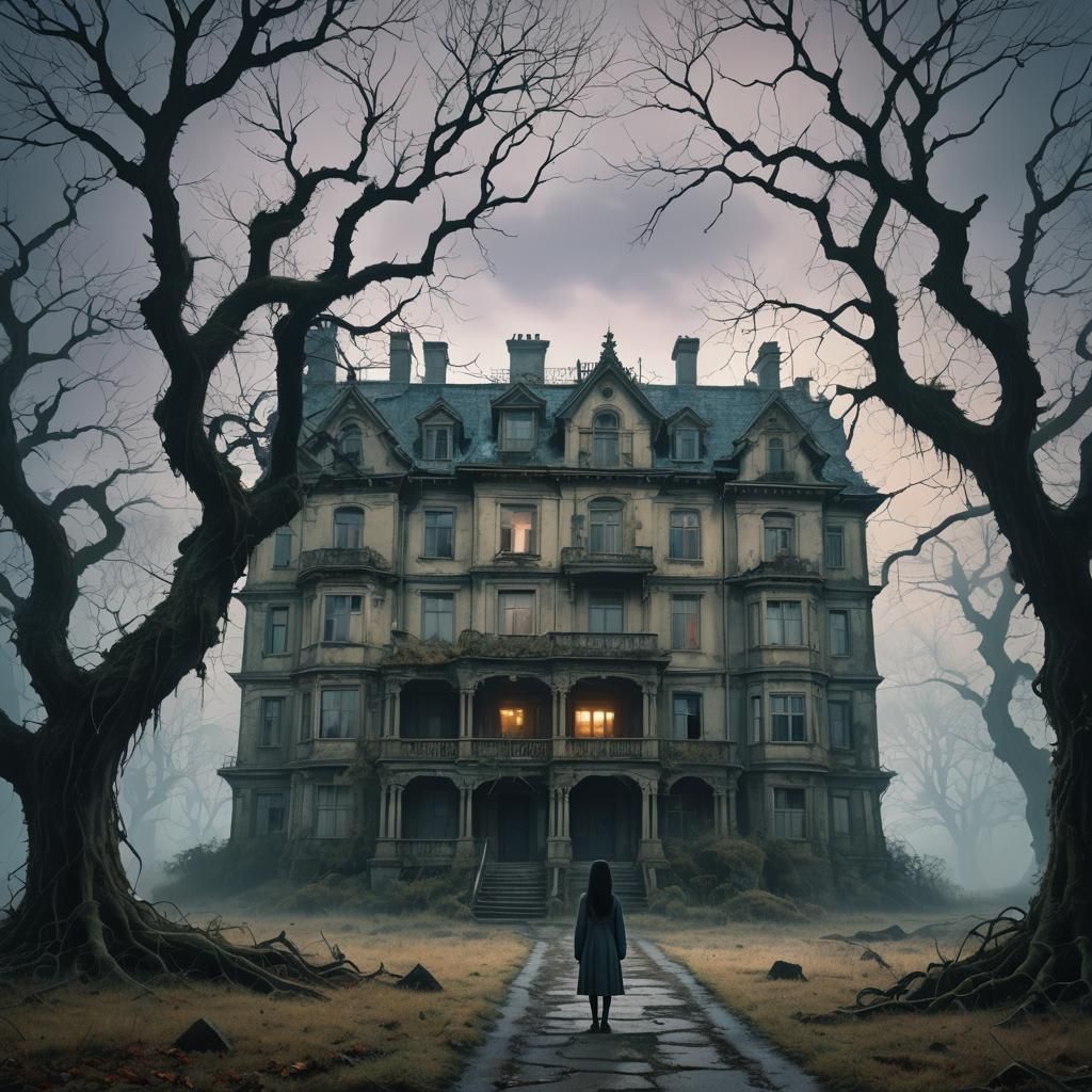 Eerie Mansion with Spectral Lights, in Anime Style