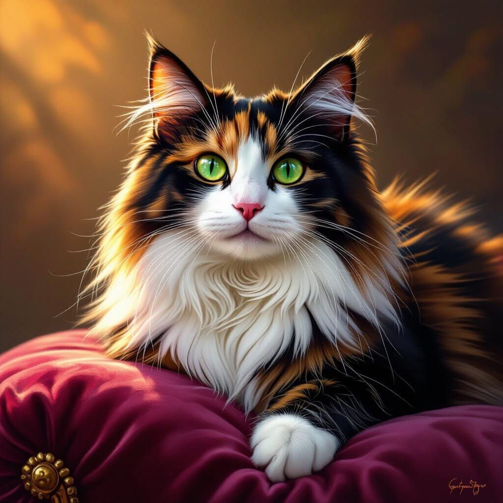 Elegant Calico Cat with Green Eyes on Velvet Cushion