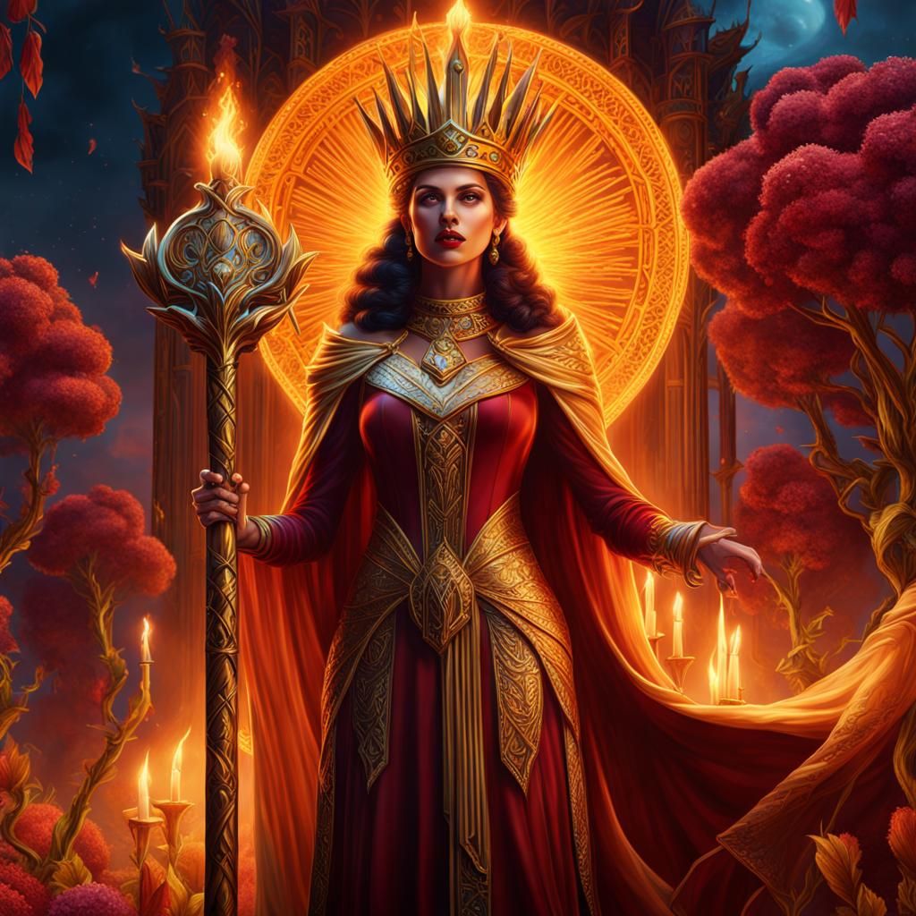 Queen of Wands Tarot Card in Detailed Matte Style