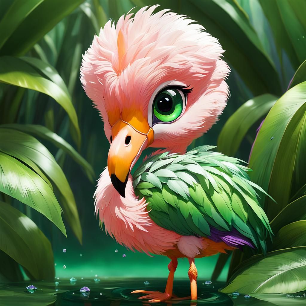 Chibi Flamingo Mango Oasis: Detailed Digital Art