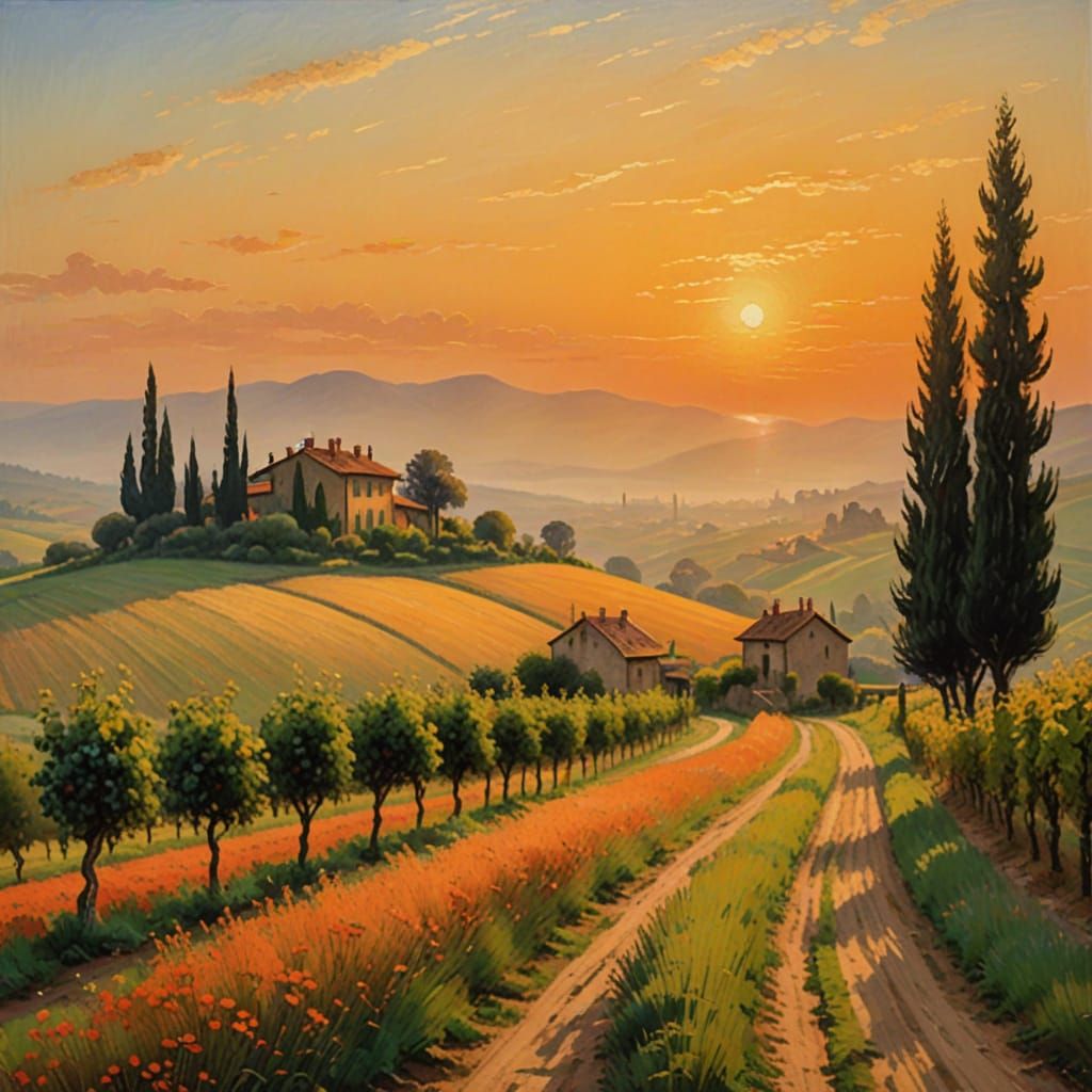Dreamy Italian Countryside Landscape in Impressionist Style