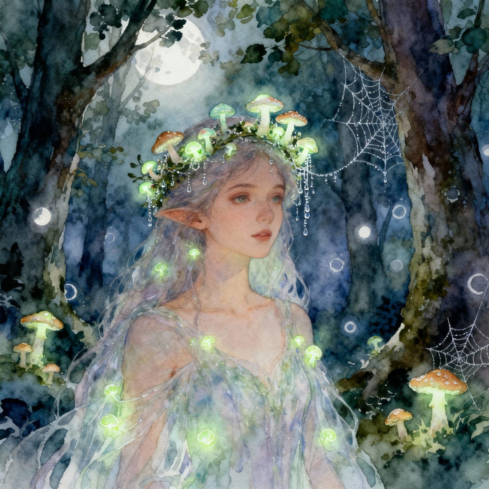 Forest Nymph in Enchanted Grove with Mushroom Tiara