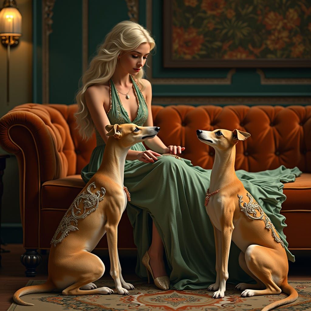 Elegant Lady Surrounded by Gentle Greyhounds in a Luxurious....