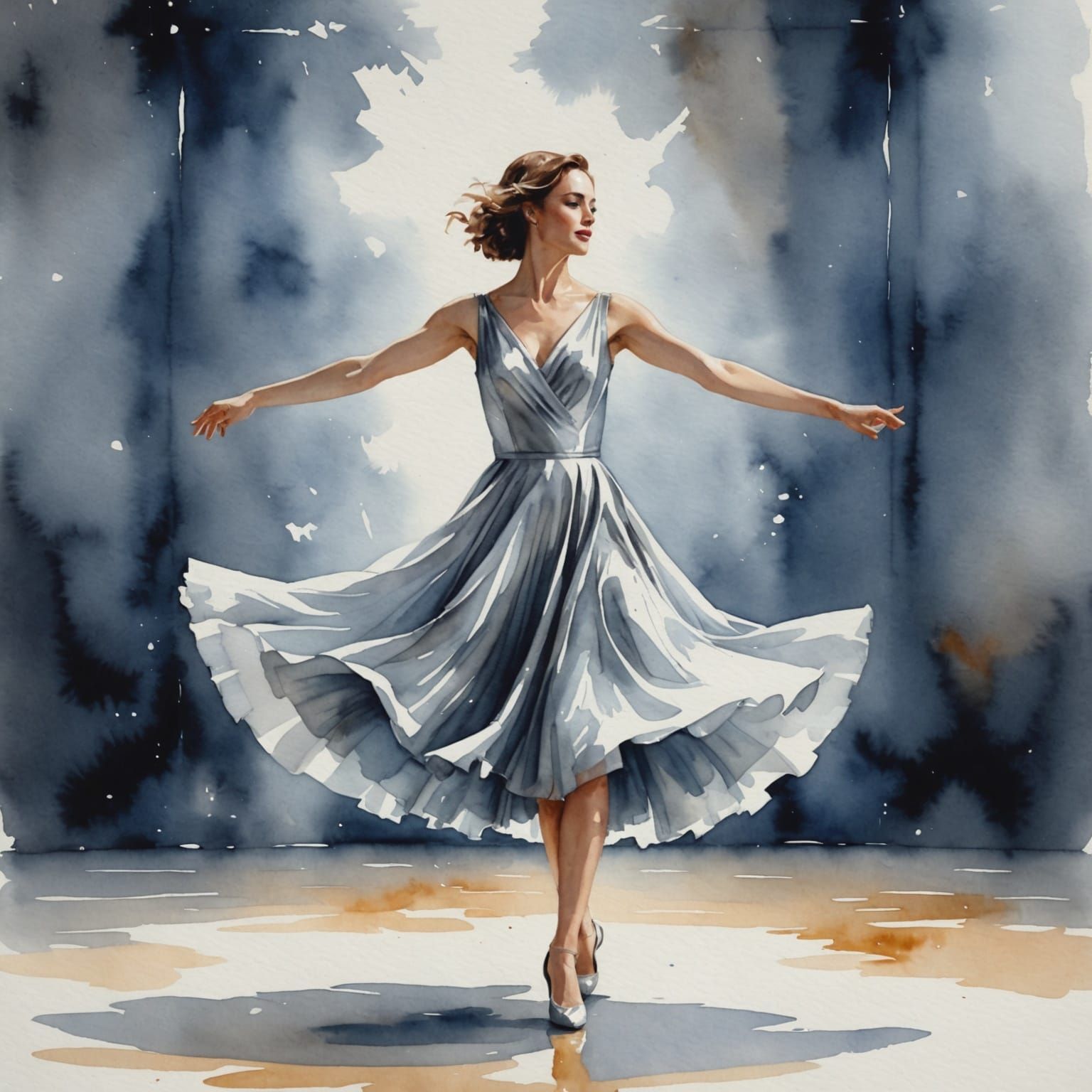 Woman Dancing on Stage in Watercolor Style