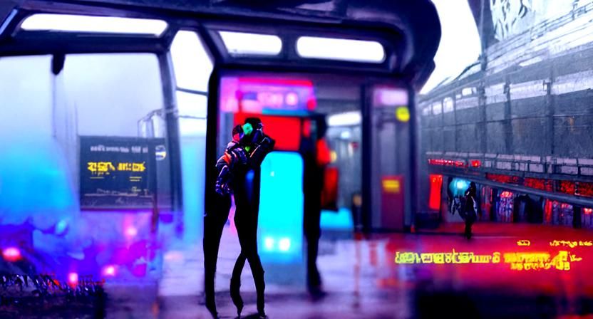 Cyberpunk Goodbye at Train Station in Neon Style