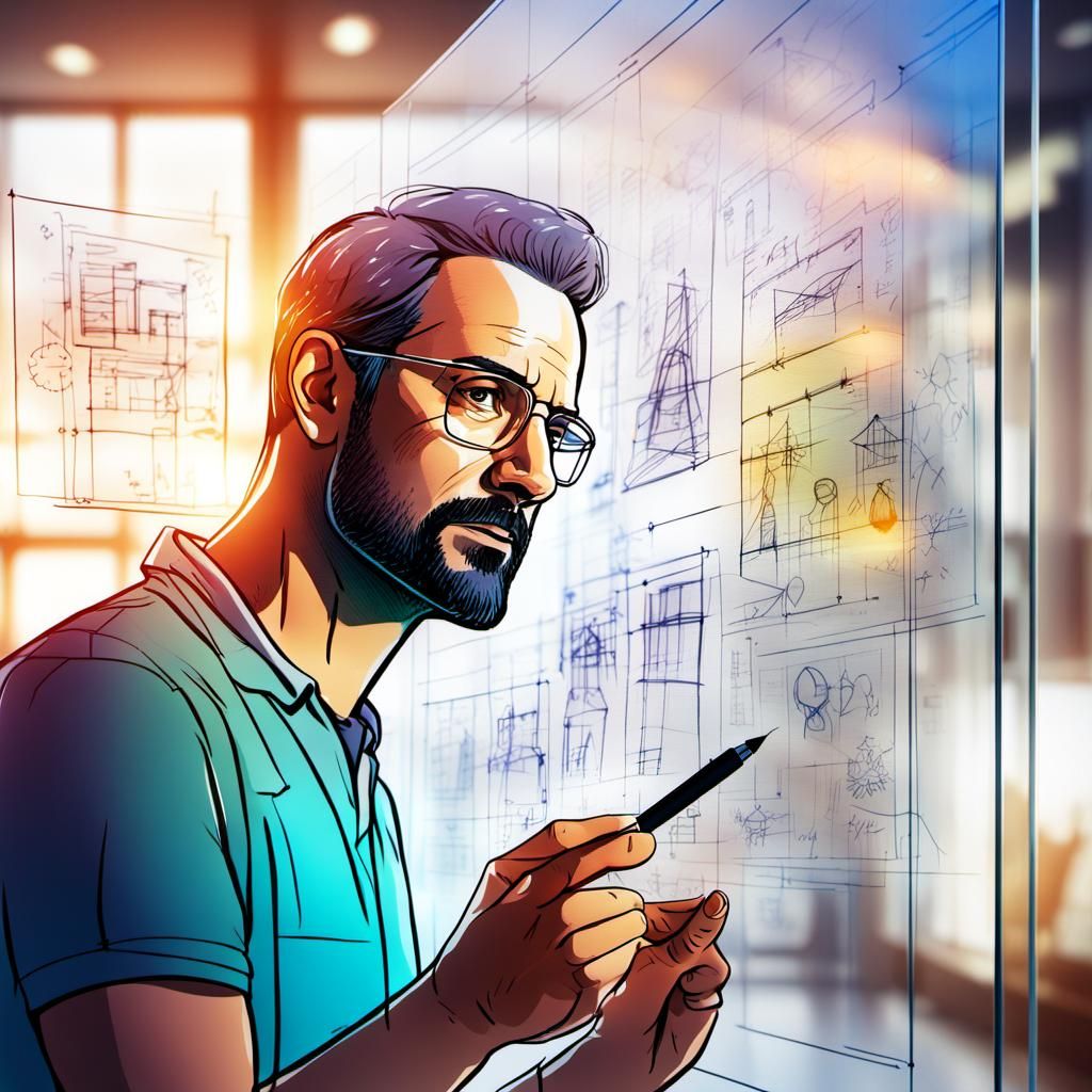 Man with Futuristic Glass Blackboard: Digital Art