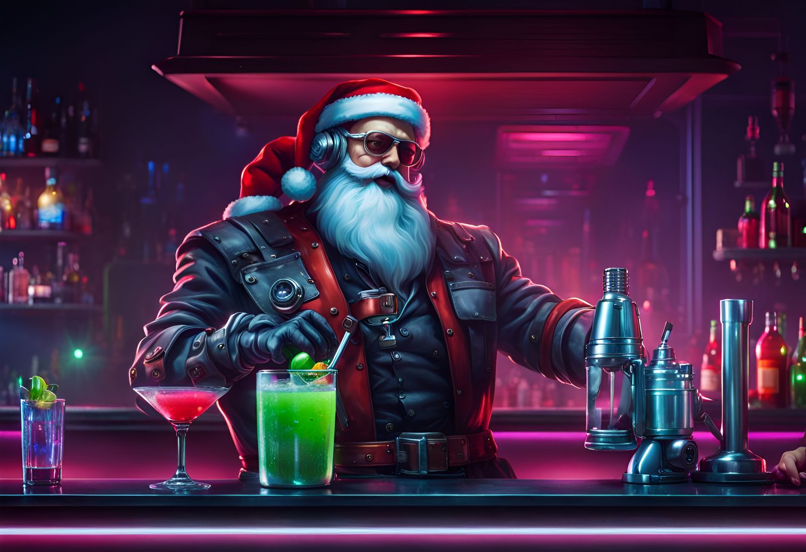 Santa Claus Enjoys Margarita at Cyberpunk Bar