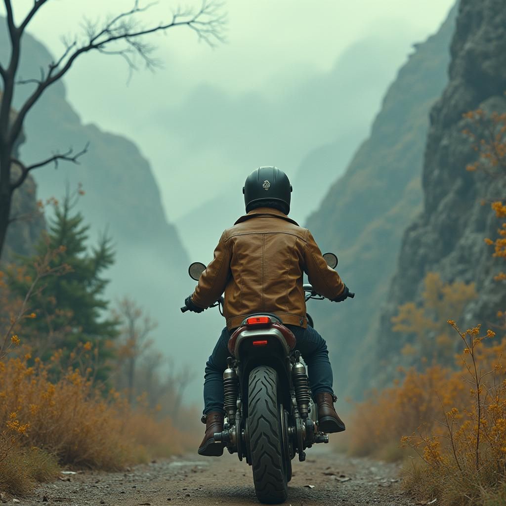 Motorcycle Adventurer in Dreamlike Landscape, Digital Art