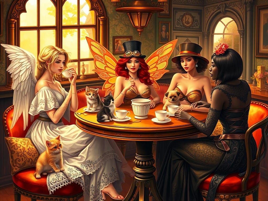 Women Gather in a Cozy French Bistro, Surrounded by Playful ...