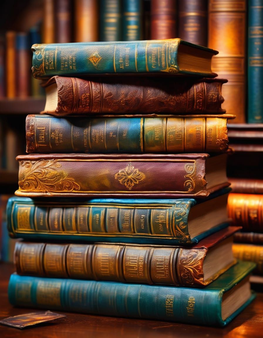 Enchanted Library with Floating Books as Oil Painting