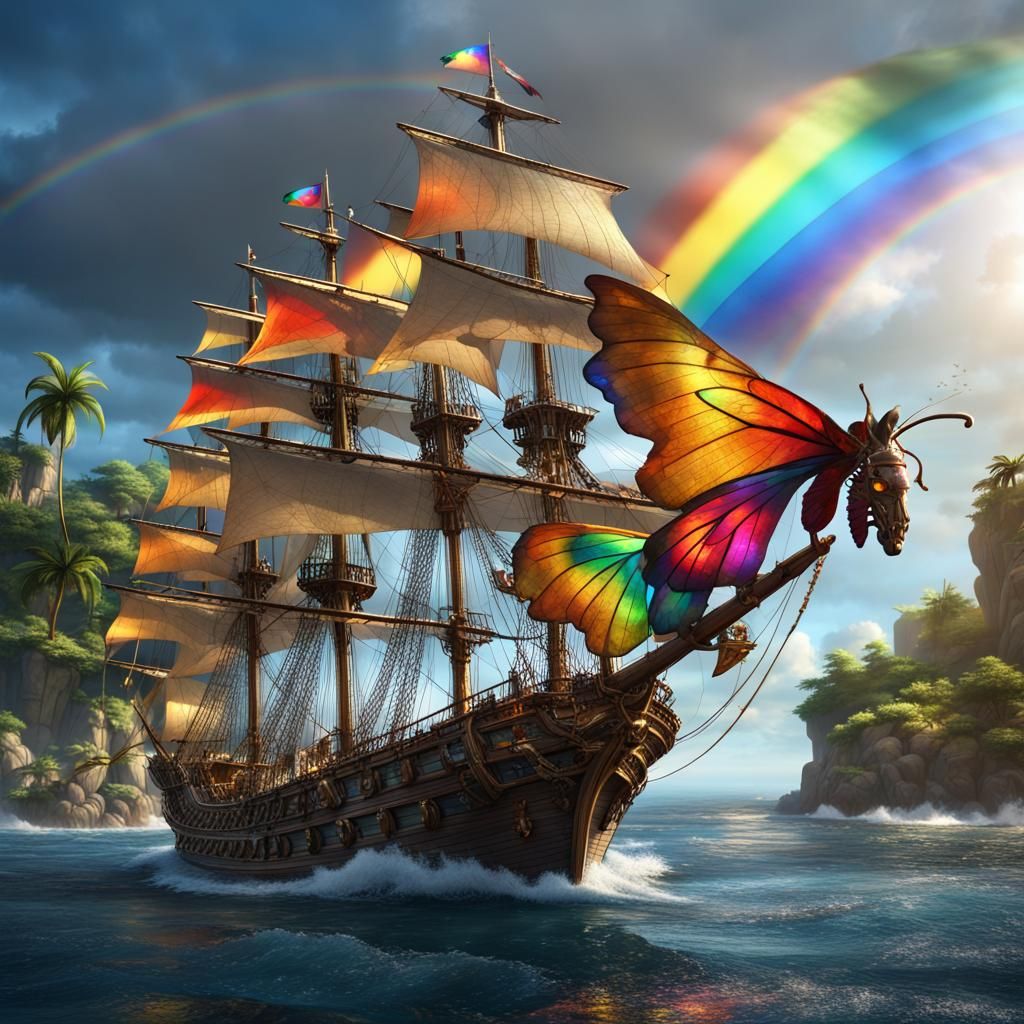 Pirate Tall Ship with Rainbow Butterfly Flag