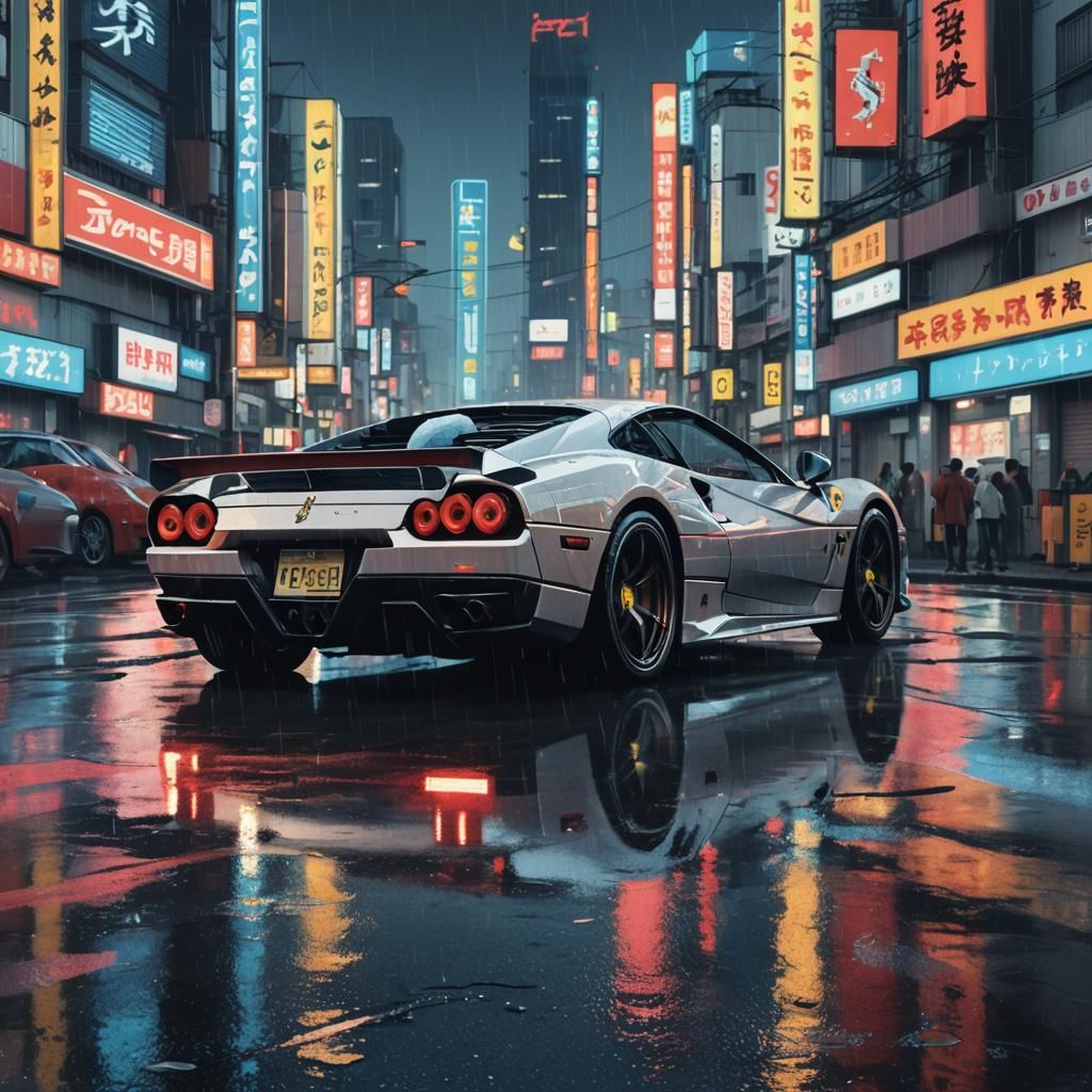 Retro-Futuristic Ferrari in Tokyo Pixel Art
