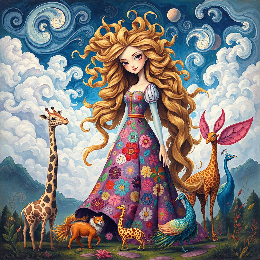 Whimsical Giant Rapunzel in Gouache-Detailed Landscape