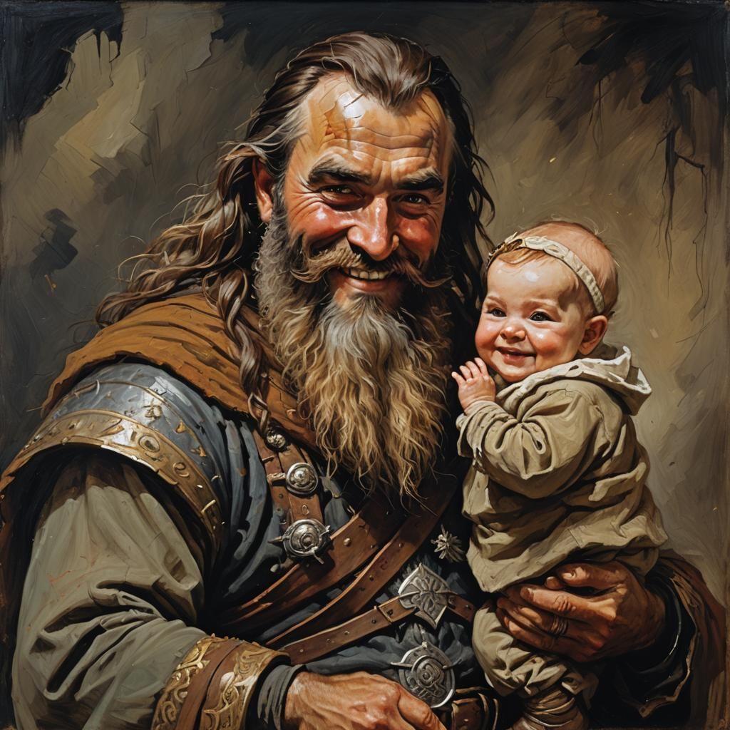 Gimli Portrait with Bearded Baby, Oil Painting