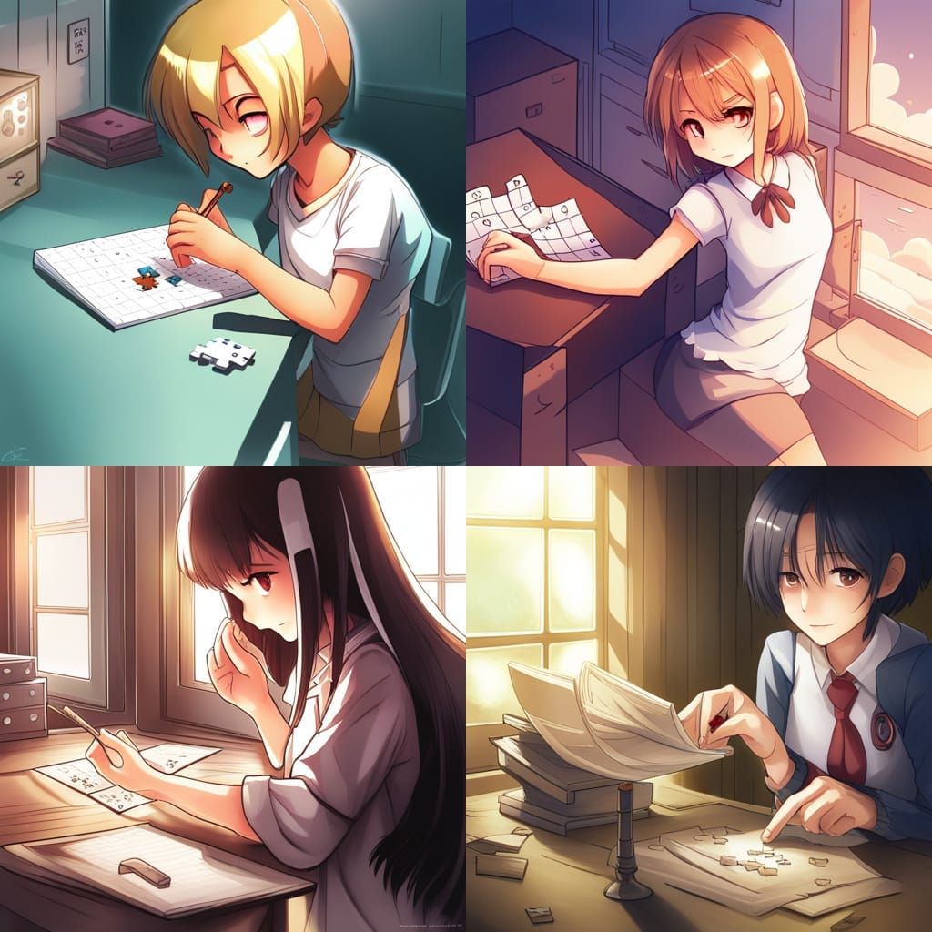 Anime-Style Girl Solving Puzzle