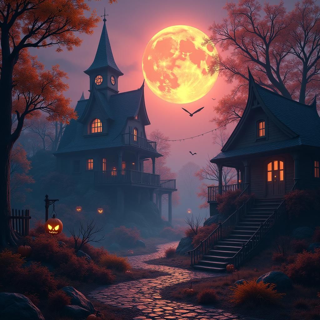 Mystical Halloween Village in Autumnal Sci-Fi Style