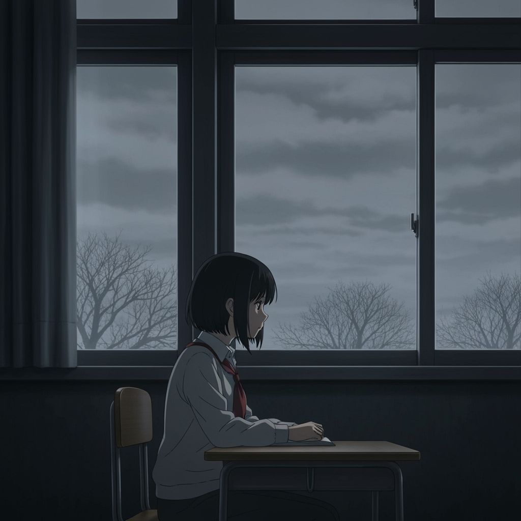 Gazing Student in Winter School Scene, Ghibli Anime Style