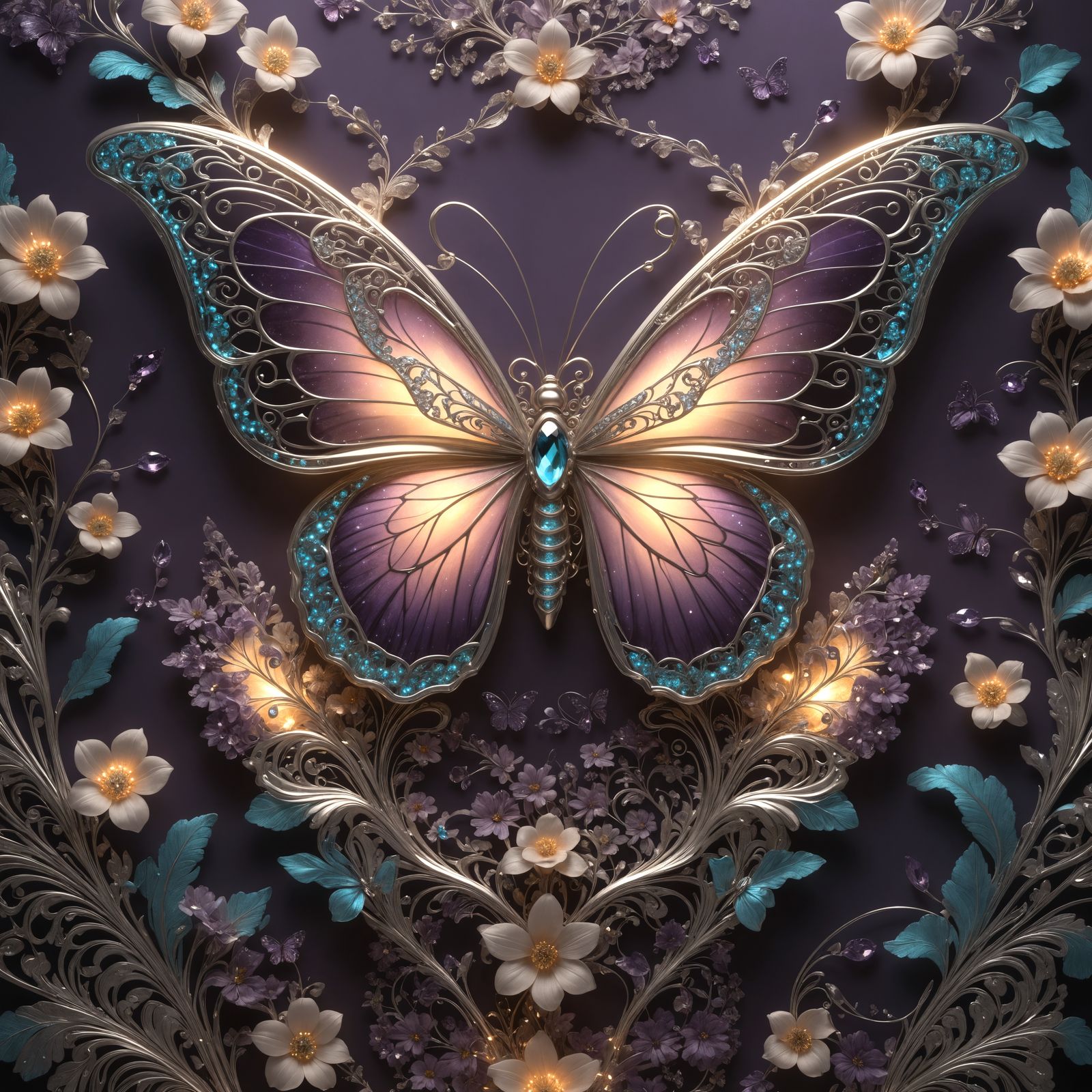 Glowing Butterfly with Silver Filigree Wings in 3D